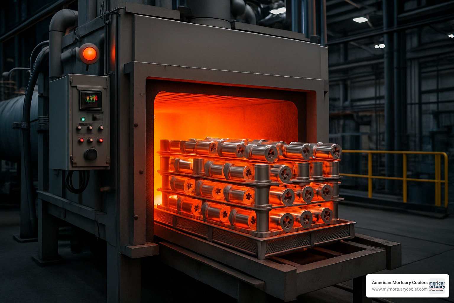 Industrial heat treatment furnace with 440 stainless steel components being processed through controlled atmosphere hardening - .440 stainless