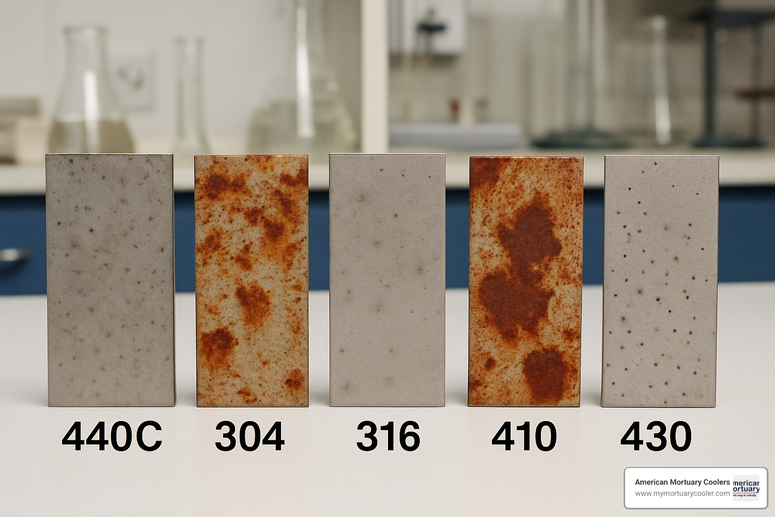 Comparative corrosion test coupons showing relative performance of 440C, 304, 316, 410, and 430 stainless steel grades after exposure to various corrosive media - .440 stainless