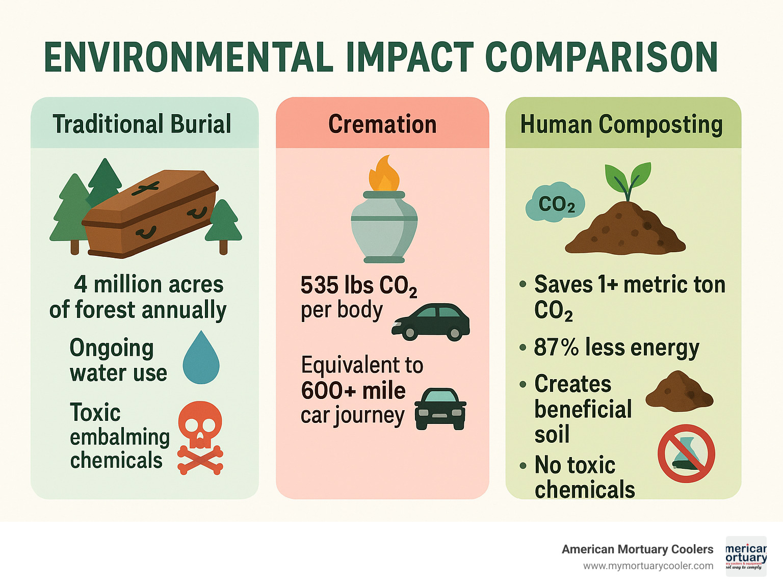 Comparison chart showing environmental impact: Traditional burial requires 4 million acres of forest annually for caskets, uses ongoing water for cemetery maintenance, and involves toxic embalming chemicals. Cremation produces 535 lbs CO2 per body equivalent to 600+ mile car journey. Human composting saves 1+ metric ton CO2, uses 87% less energy, creates beneficial soil, and requires no toxic chemicals - human composting Los Angeles infographic 