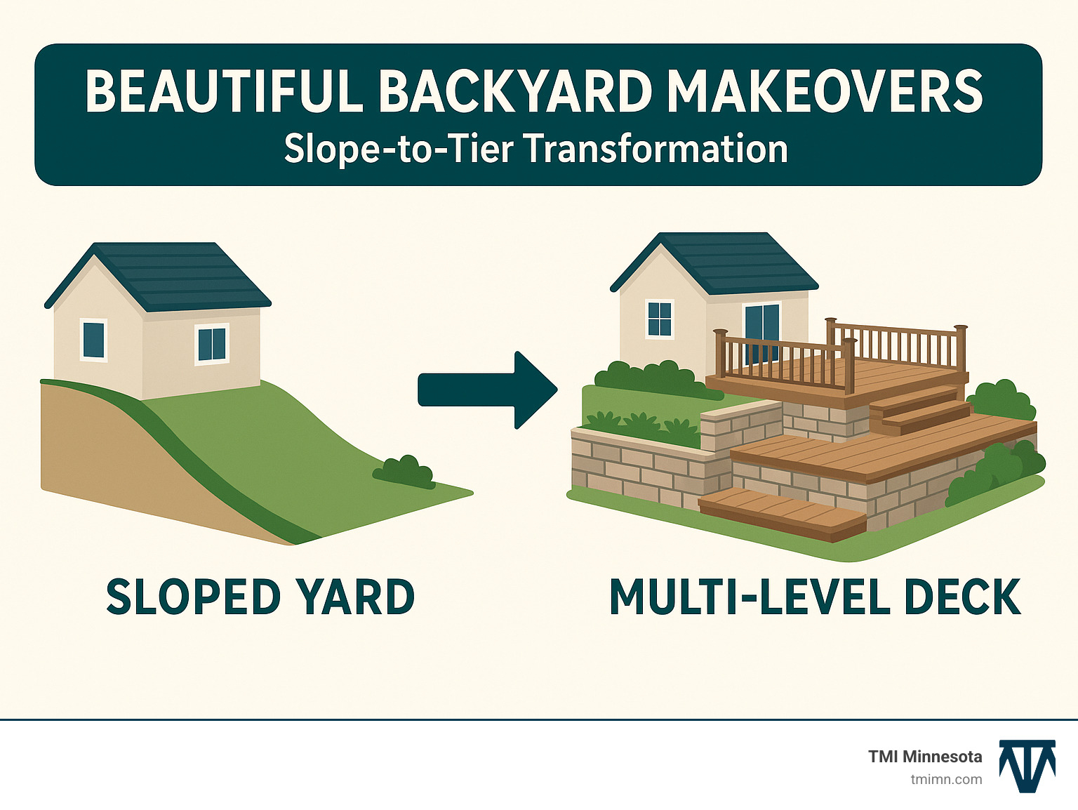 Infographic showing slope-to-tier change: sloped yard becoming multi-level deck with retaining walls - Beautiful backyard makeovers infographic 