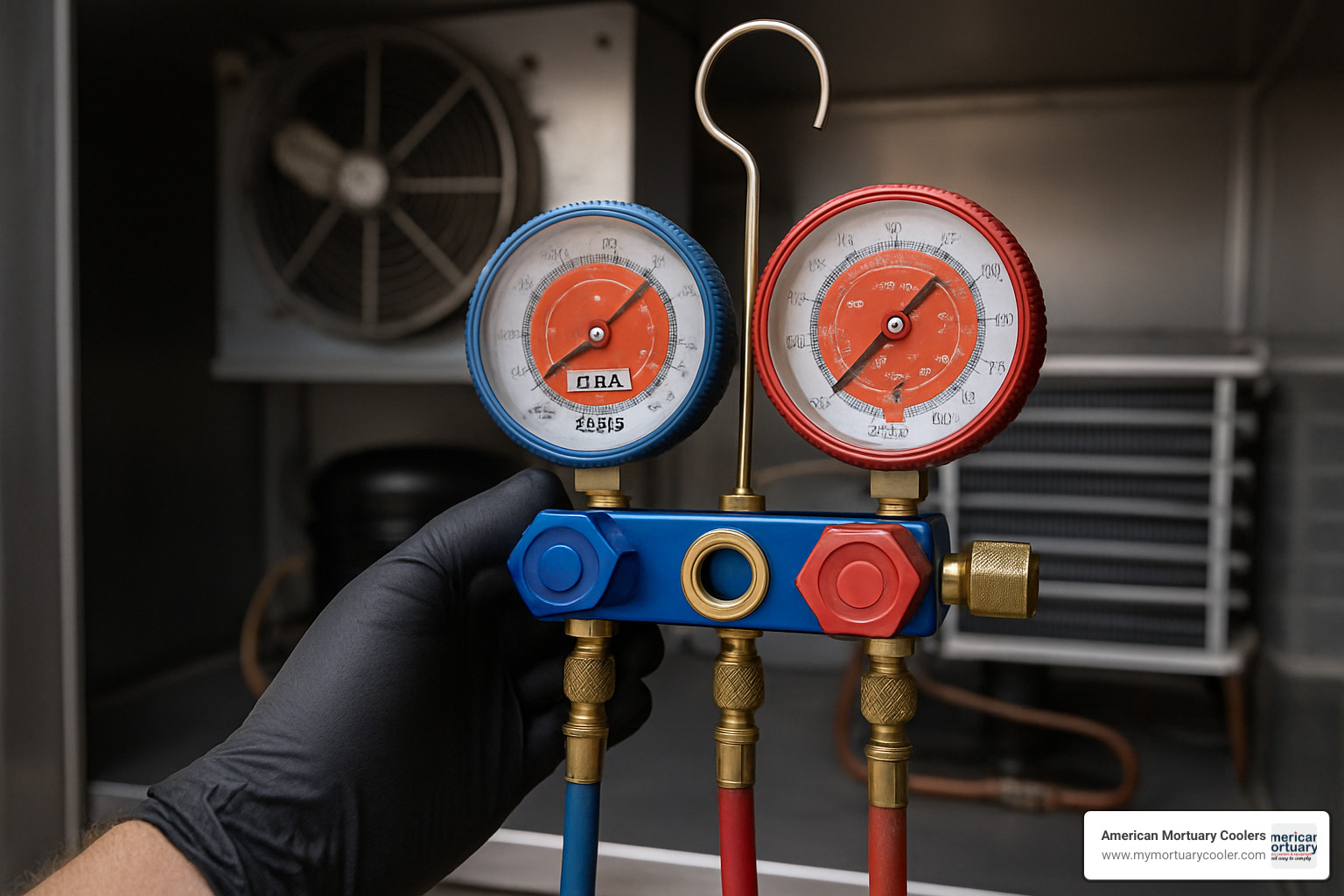 Manifold gauge set connected to an R404A system for mortuary cooling diagnostics (pt chart r404a)