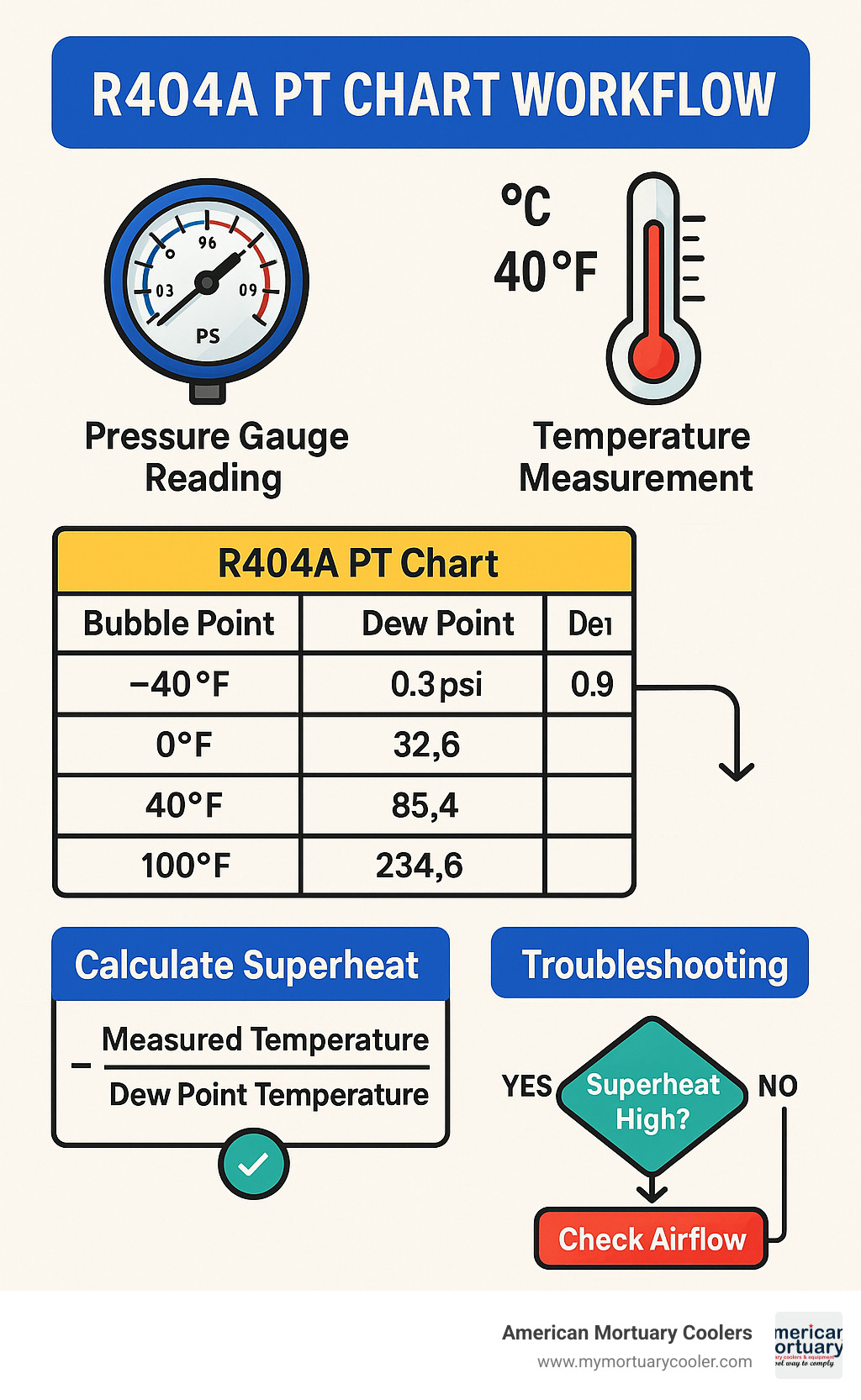 Comprehensive infographic showing R404A PT chart workflow for mortuary coolers (pt chart r404a infographic)