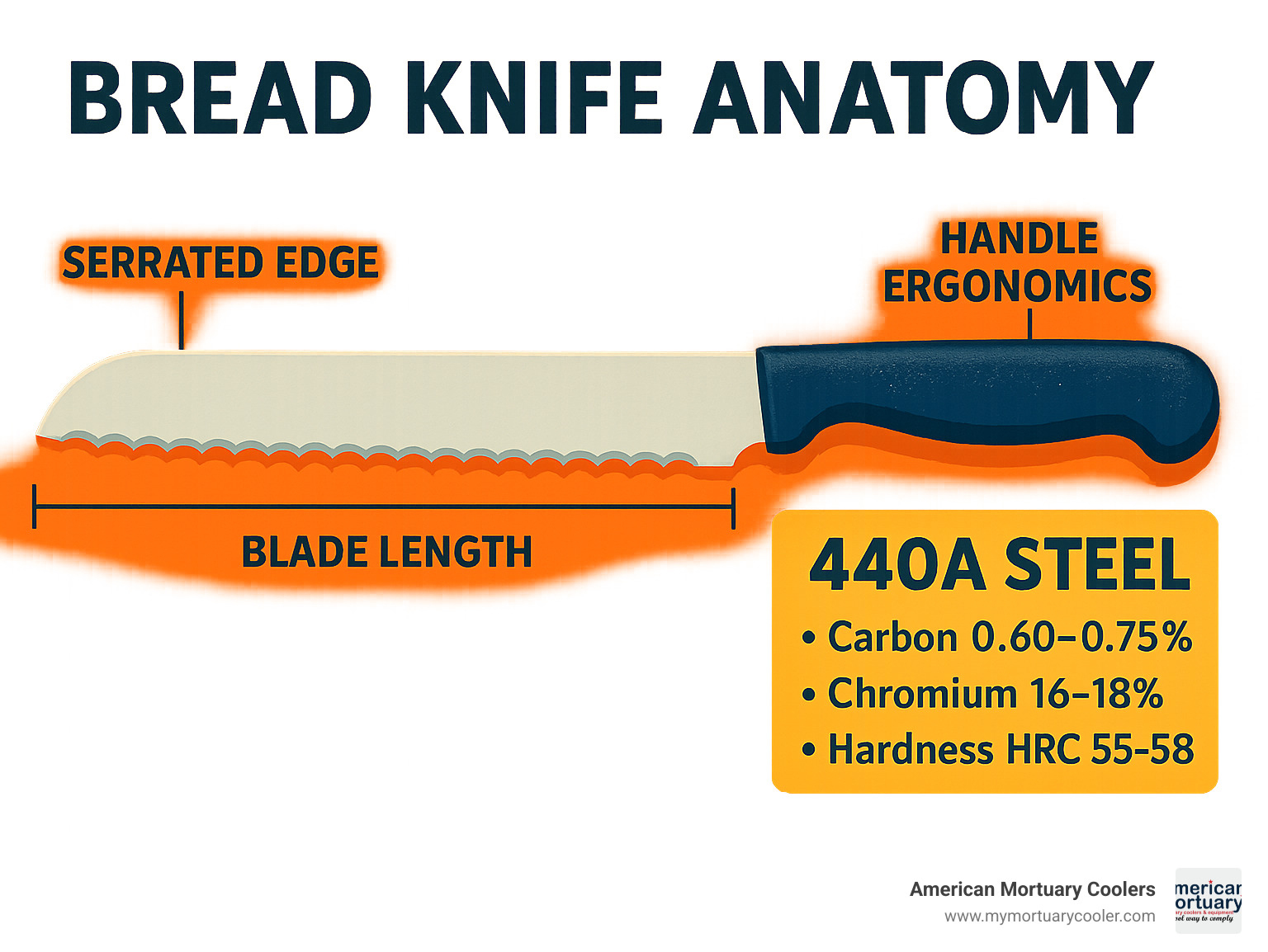 Detailed infographic showing bread knife anatomy with labeled serrated edge, blade length measurements, handle ergonomics, and 440A steel composition breakdown including carbon percentage, chromium content, and hardness rating - bread knives - 440a ss blades infographic 