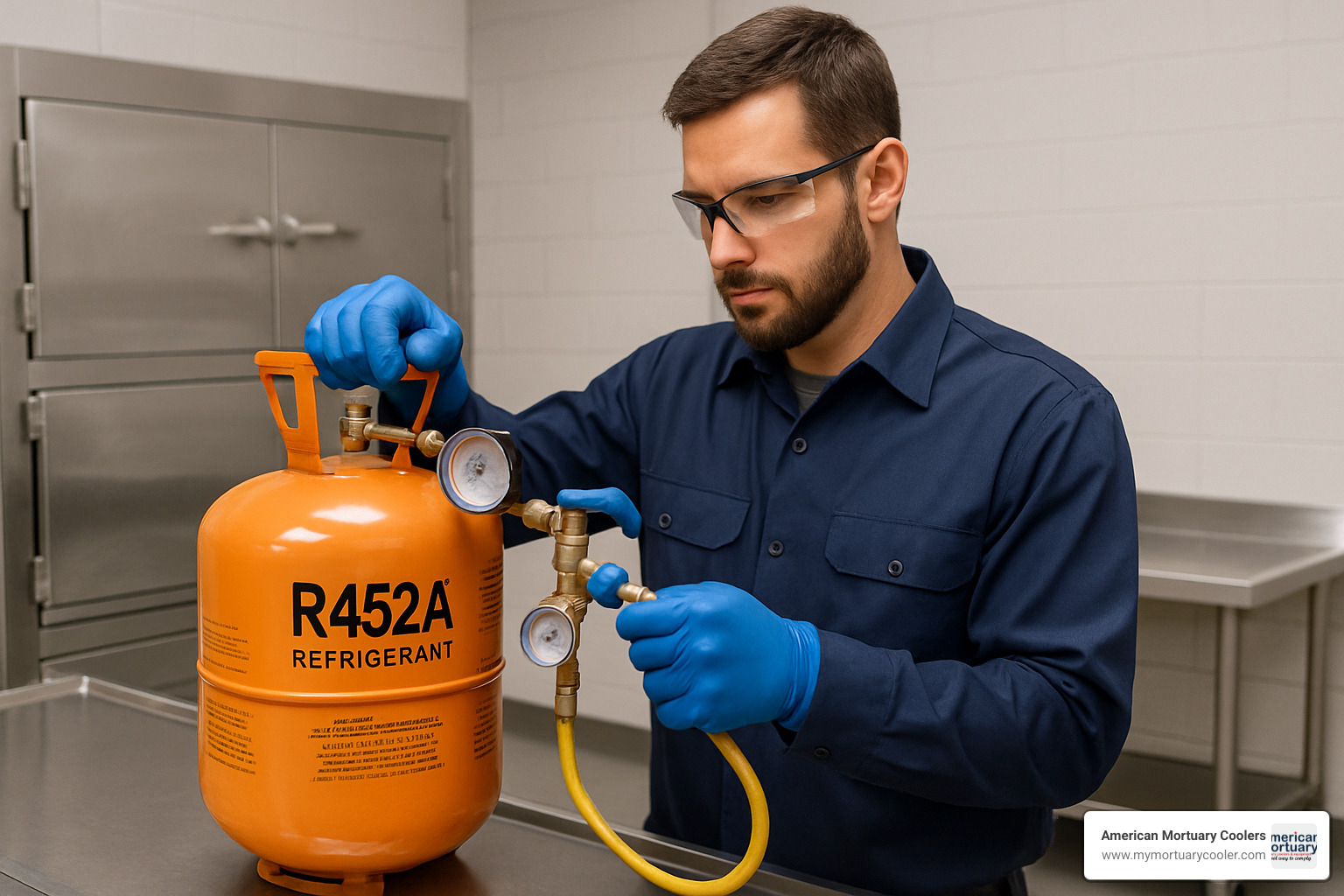Professional technician safely handling R452A refrigerant cylinder with proper PPE and equipment in mortuary facility setting - r452a