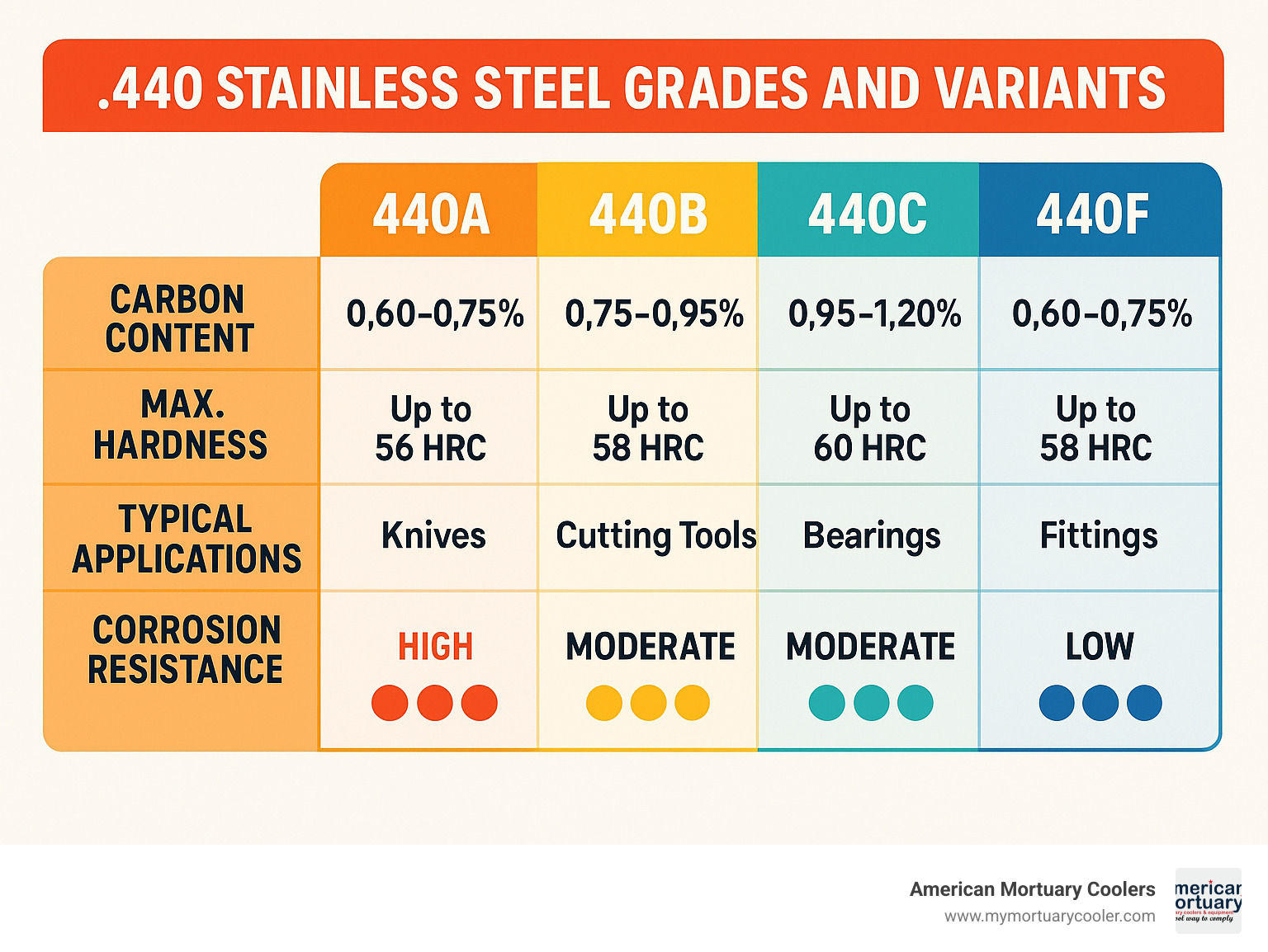 Comparison table showing 440A, 440B, 440C, and 440F with their respective carbon content percentages, maximum hardness values, typical applications, and relative corrosion resistance ratings - .440 stainless infographic 