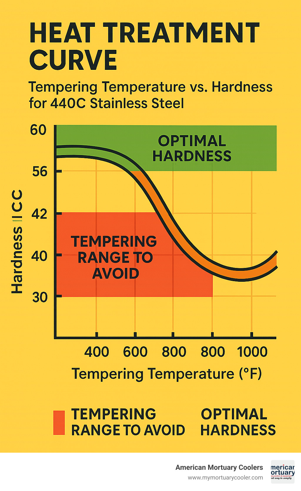 Heat treatment curve showing the relationship between tempering temperature and resulting hardness for 440C stainless steel, with optimal hardness zones and tempering ranges to avoid - .440 stainless infographic 