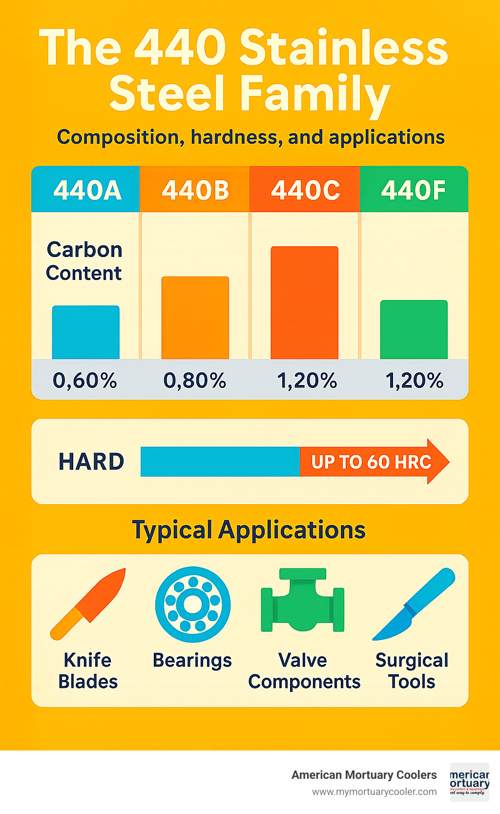 Comprehensive breakdown of 440 stainless steel family showing composition ranges, hardness levels, and typical applications for 440A, 440B, 440C, and 440F variants with visual comparison of carbon content percentages and resulting mechanical properties - .440 stainless infographic 