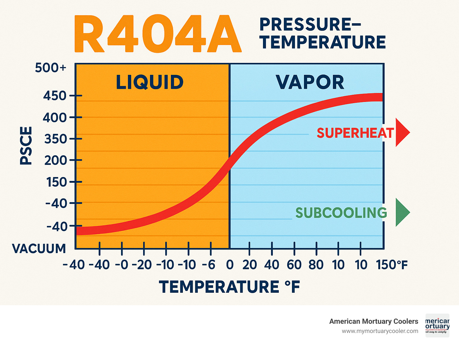 Detailed infographic showing R404A pressure-temperature relationship with liquid and vapor columns, temperature scale from -40°F to 150°F, pressure scale from vacuum to 500+ psig, and visual indicators for superheat and subcooling calculations - 404a p-t chart infographic 