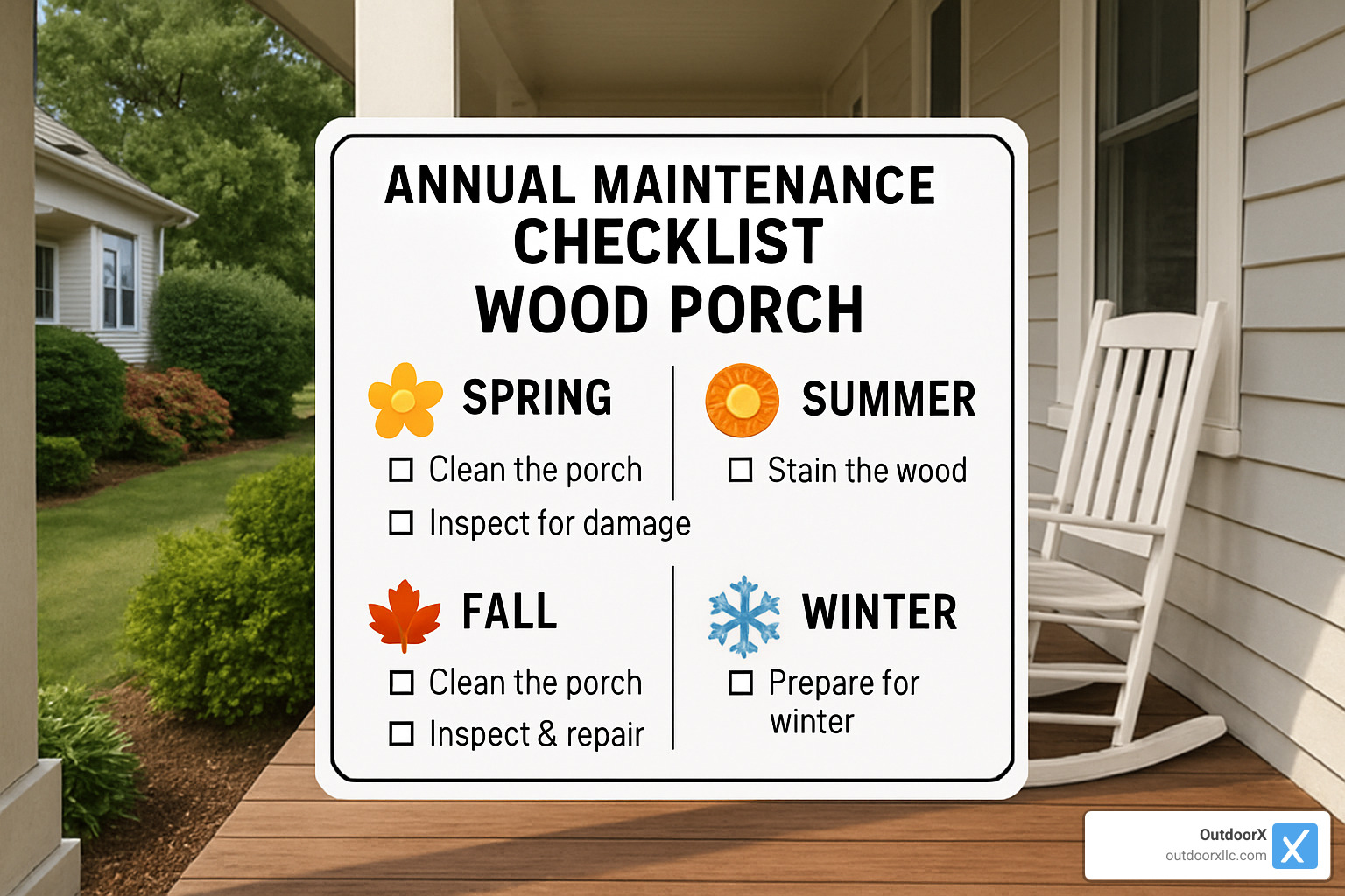 Annual maintenance checklist showing seasonal tasks for wood porch care including cleaning, inspection, staining, and winter preparation - replacing concrete porch with wood
