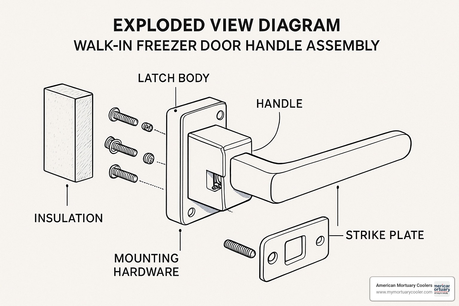 exploded view of walk in freezer door handle assembly - walk in freezer door handle
