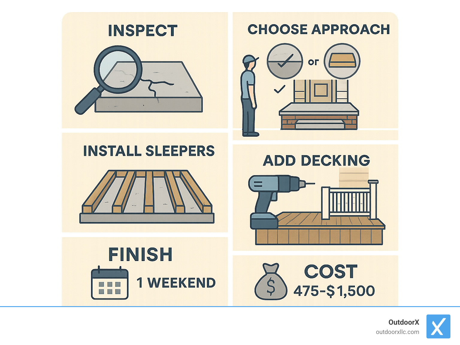 Step-by-step process for replacing concrete porch with wood showing inspection, material selection, sleeper installation, decking attachment, and finishing with timeline and cost breakdown - replacing concrete porch with wood infographic 
