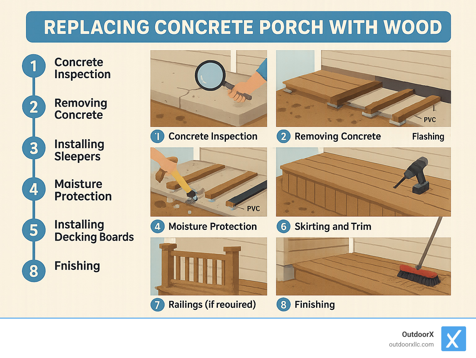 Complete 8-step installation sequence showing progression from concrete inspection to finished wood porch with timeline markers - replacing concrete porch with wood infographic 