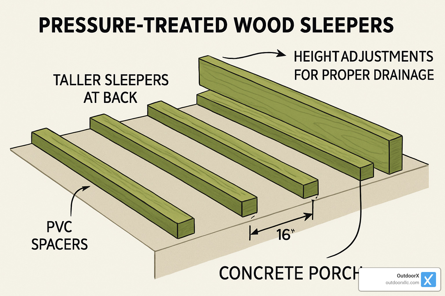 Sleeper layout diagram showing 16-inch spacing and height adjustments for proper drainage - replacing concrete porch with wood