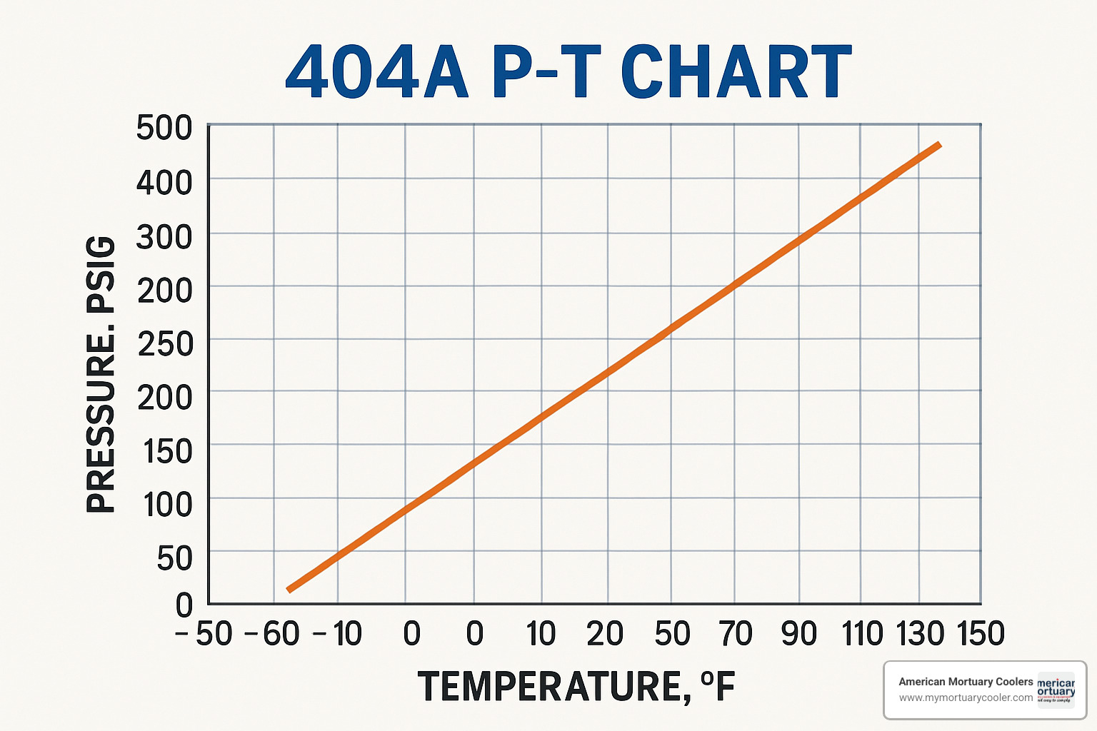 Actual 404A P-T pocket chart showing liquid and vapor columns with temperature and pressure readings - 404a p-t chart