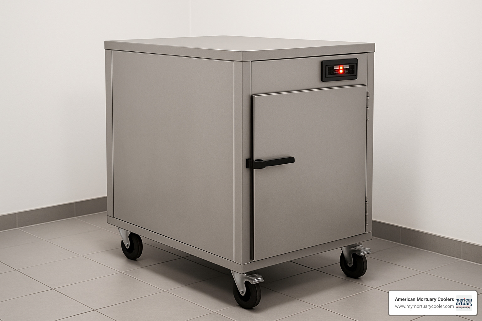 Portable mortuary cooler unit with wheels and temperature display, suitable for temporary or overflow storage needs - how long can a body be refrigerated before cremation