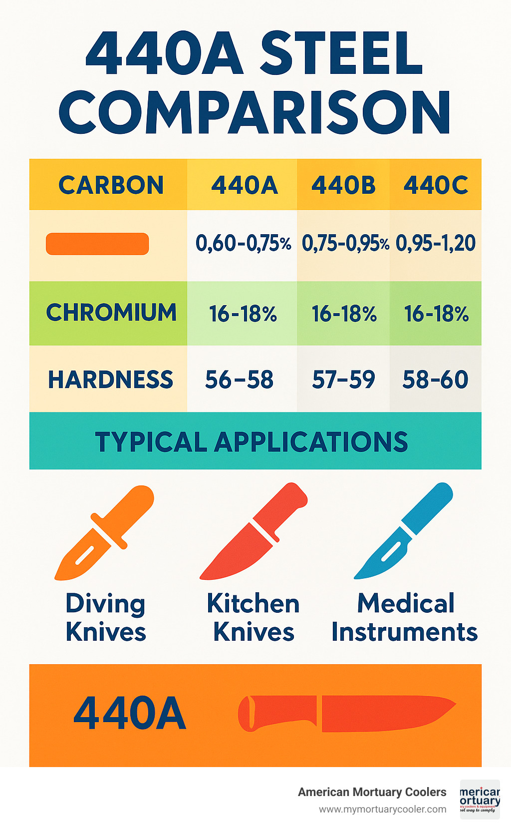Detailed comparison chart showing 440A steel composition versus 440B and 440C, including carbon percentages, chromium content, hardness ratings, and typical applications for each grade - 440a infographic 