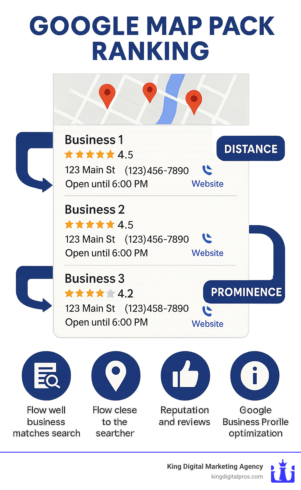 Detailed infographic showing Google Map Pack anatomy with three business listings, including business names, star ratings, addresses, phone numbers, hours, and website links, plus explanatory callouts for each ranking factor - Google map pack ranking infographic Detailed Infographic Showing Google Map Pack Anatomy With Three Business Listings, Including Business Names, Star Ratings, Addresses, Phone Numbers, Hours, And Website Links, Plus Explanatory Callouts For Each Ranking Factor - Google Map Pack Ranking Infographic