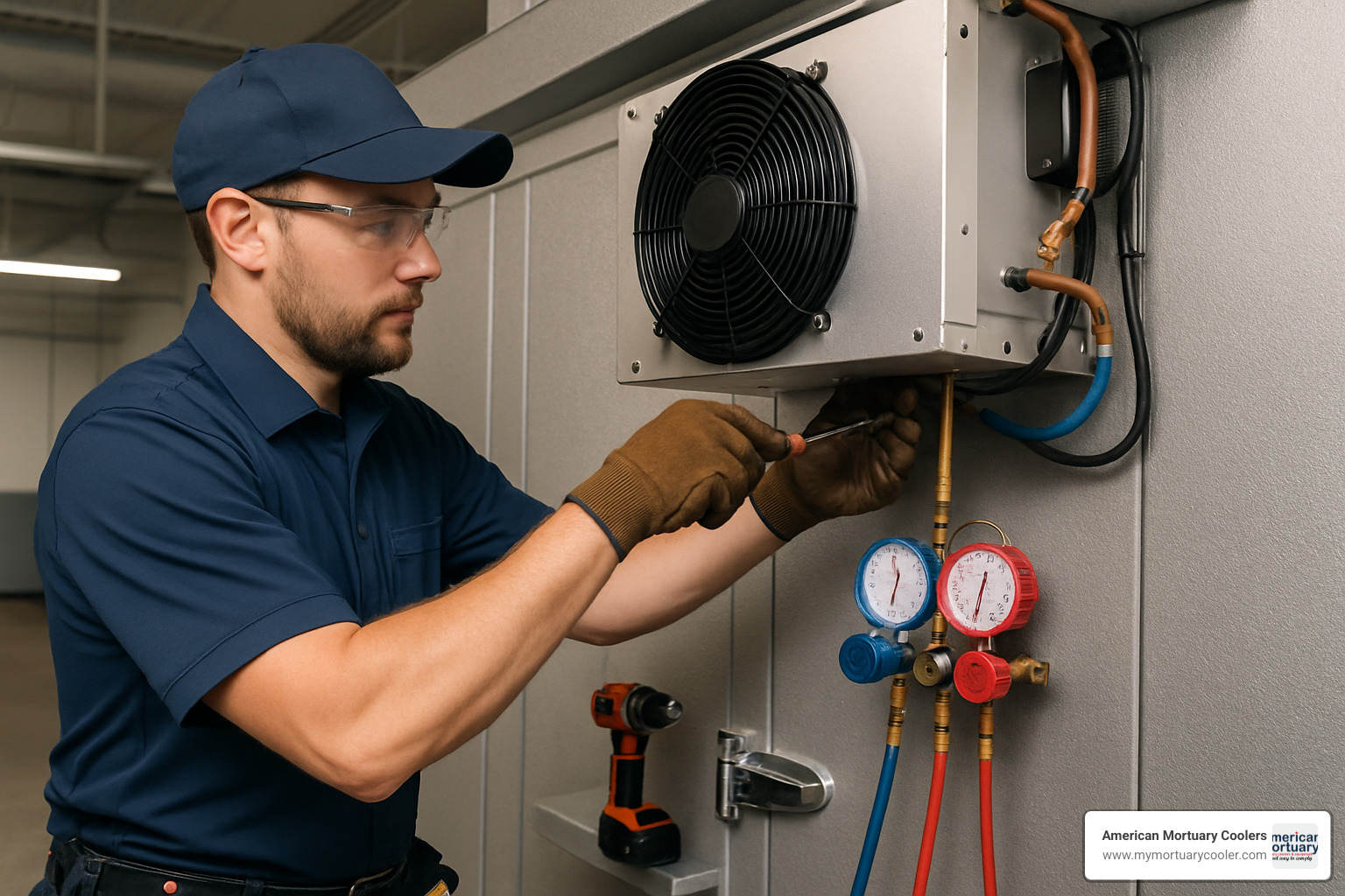 Professional technician installing a walk-in cooler system - r404a p-t chart
