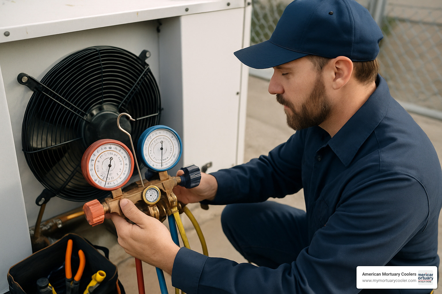 Technician checking gauges on a freezer condenser unit - r404a p-t chart