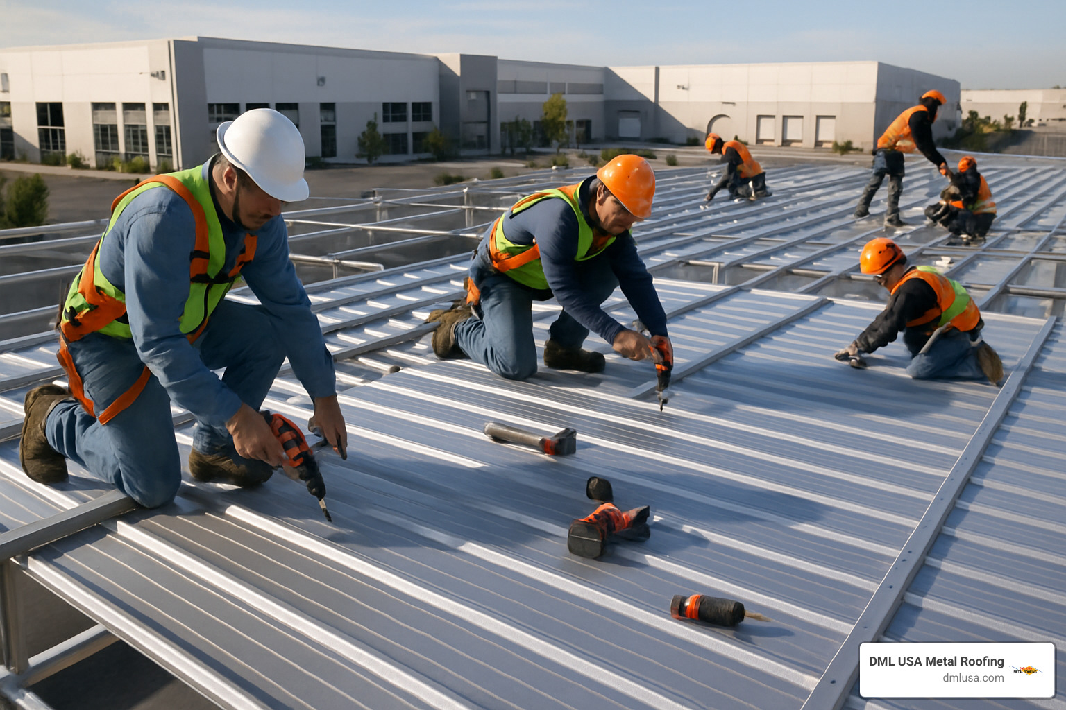 Installation of ribbed metal panels on commercial warehouse - commercial metal roof panels