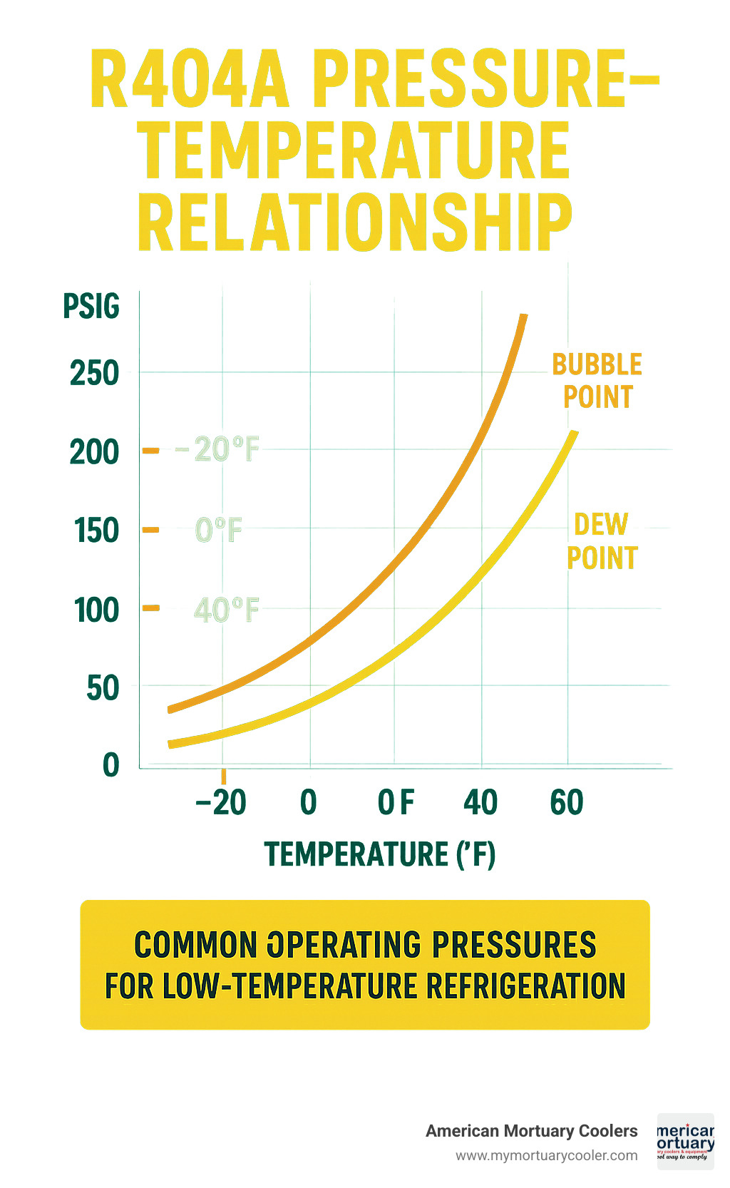 Detailed infographic showing R404A pressure-temperature relationship with bubble point and dew point curves, including common operating pressures for low-temperature refrigeration applications - r404a p-t chart infographic 