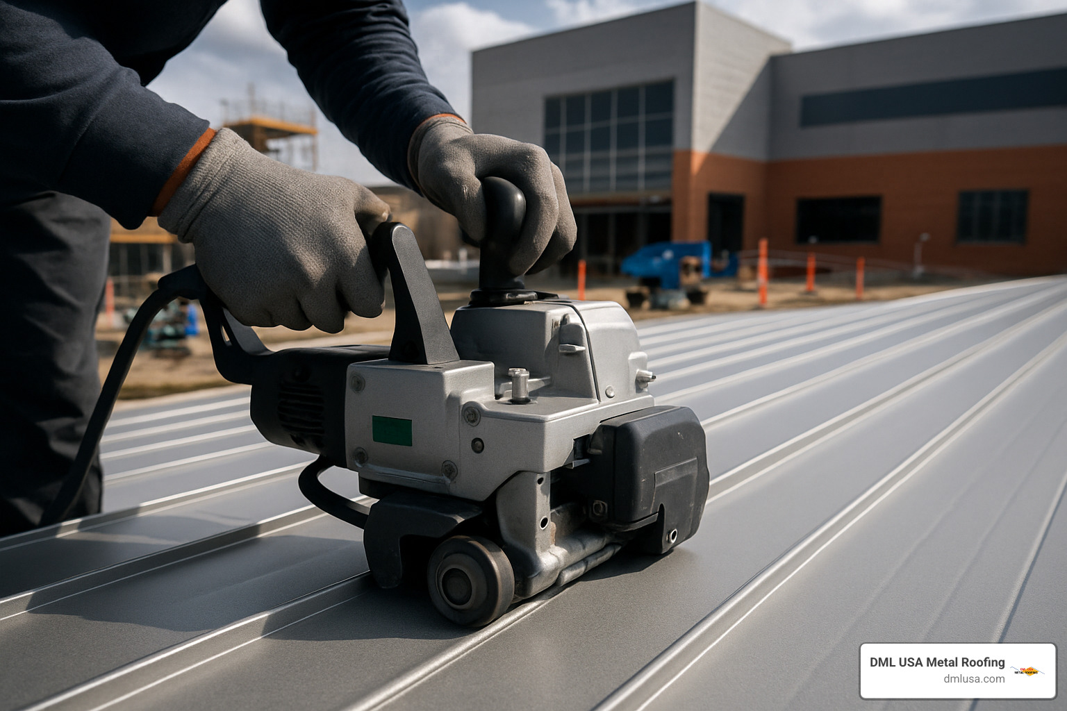 On-site panel seaming equipment creating weathertight standing seam joints - commercial metal roof panels
