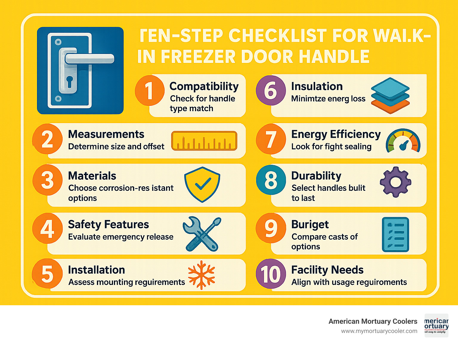 Ten-step checklist for walk-in freezer door handle selection including compatibility, measurements, materials, safety features, energy efficiency, and budget considerations - walk in freezer door handle infographic 