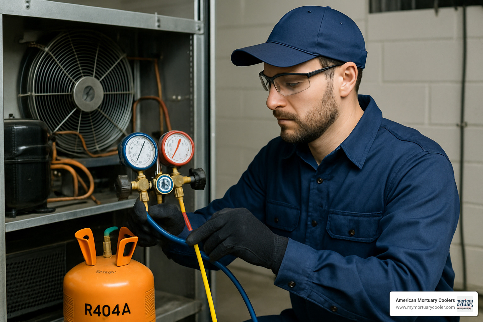 Technician wearing proper PPE while handling R404A cylinder - r404a p-t chart