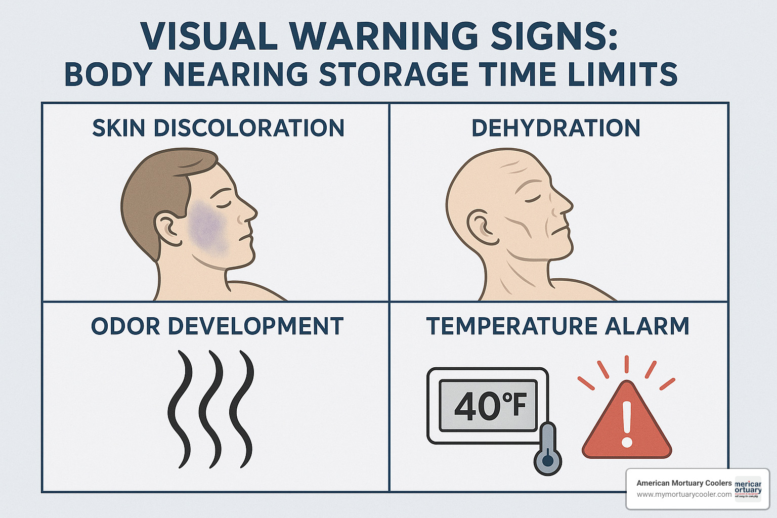 Warning signs chart showing visual indicators of storage time limits: skin discoloration, dehydration, odor development, and temperature alarm conditions - how long can a body be refrigerated before cremation