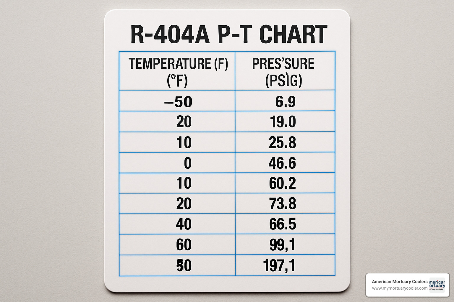 Laminated R404A P-T reference card showing bubble point and dew point columns - r404a p-t chart