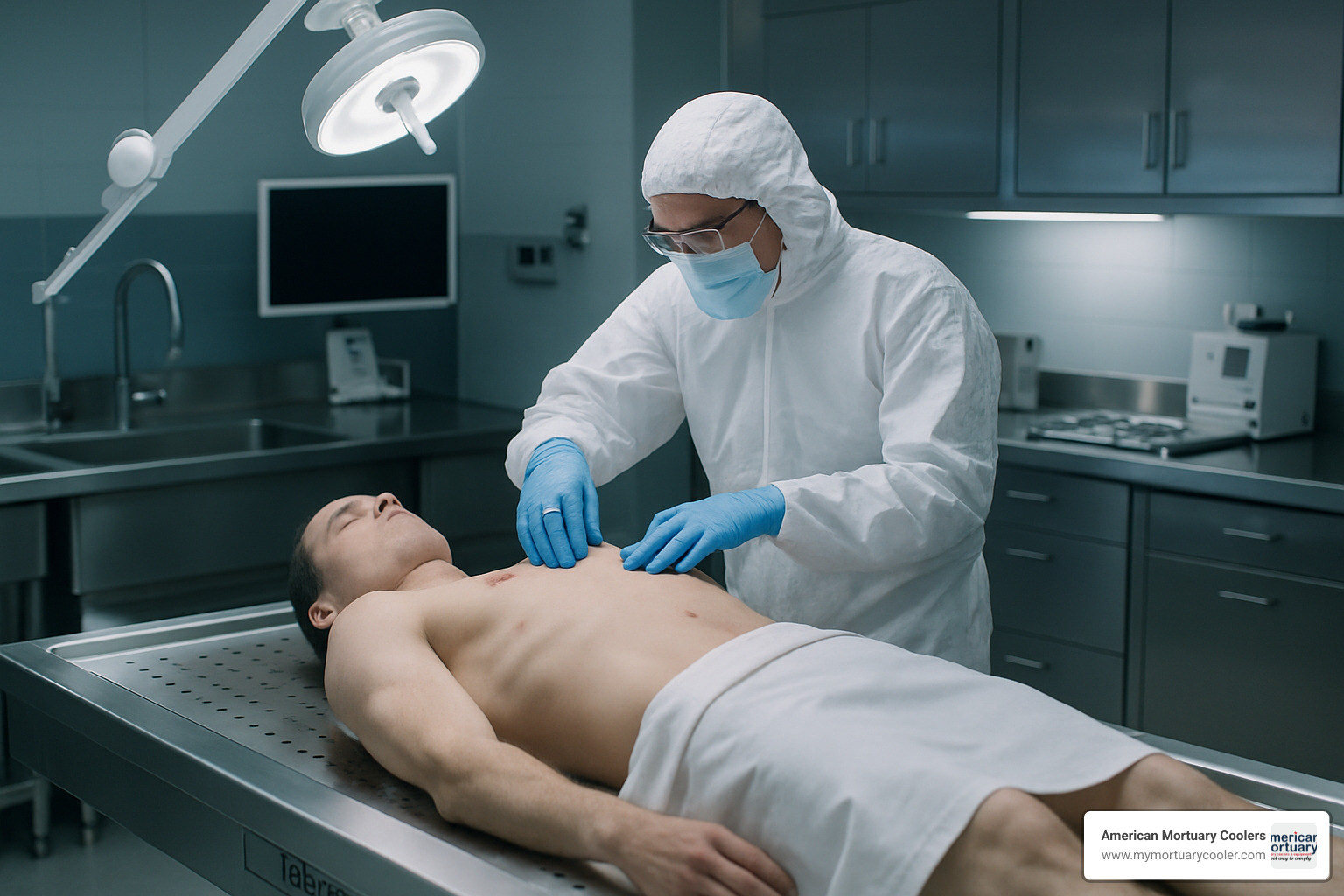 Mopec autopsy table in use during forensic examination - forensic medical nashville