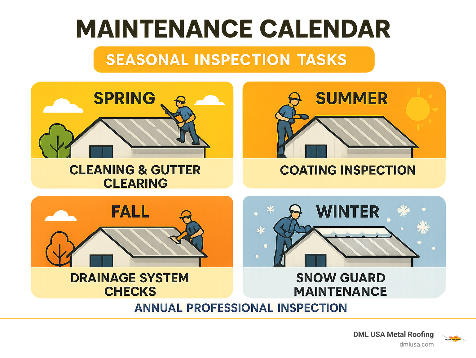 Maintenance calendar infographic showing seasonal inspection tasks including spring cleaning and gutter clearing, summer coating inspection, fall drainage system checks, and winter snow guard maintenance, with annual professional inspection recommendations - commercial metal roof panels infographic 