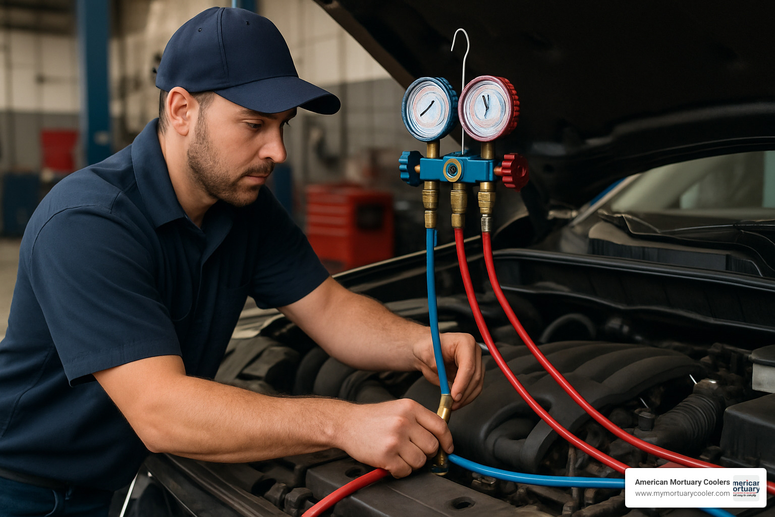 Automotive technician connecting manifold gauges to car air conditioning system service ports - freon pressure chart