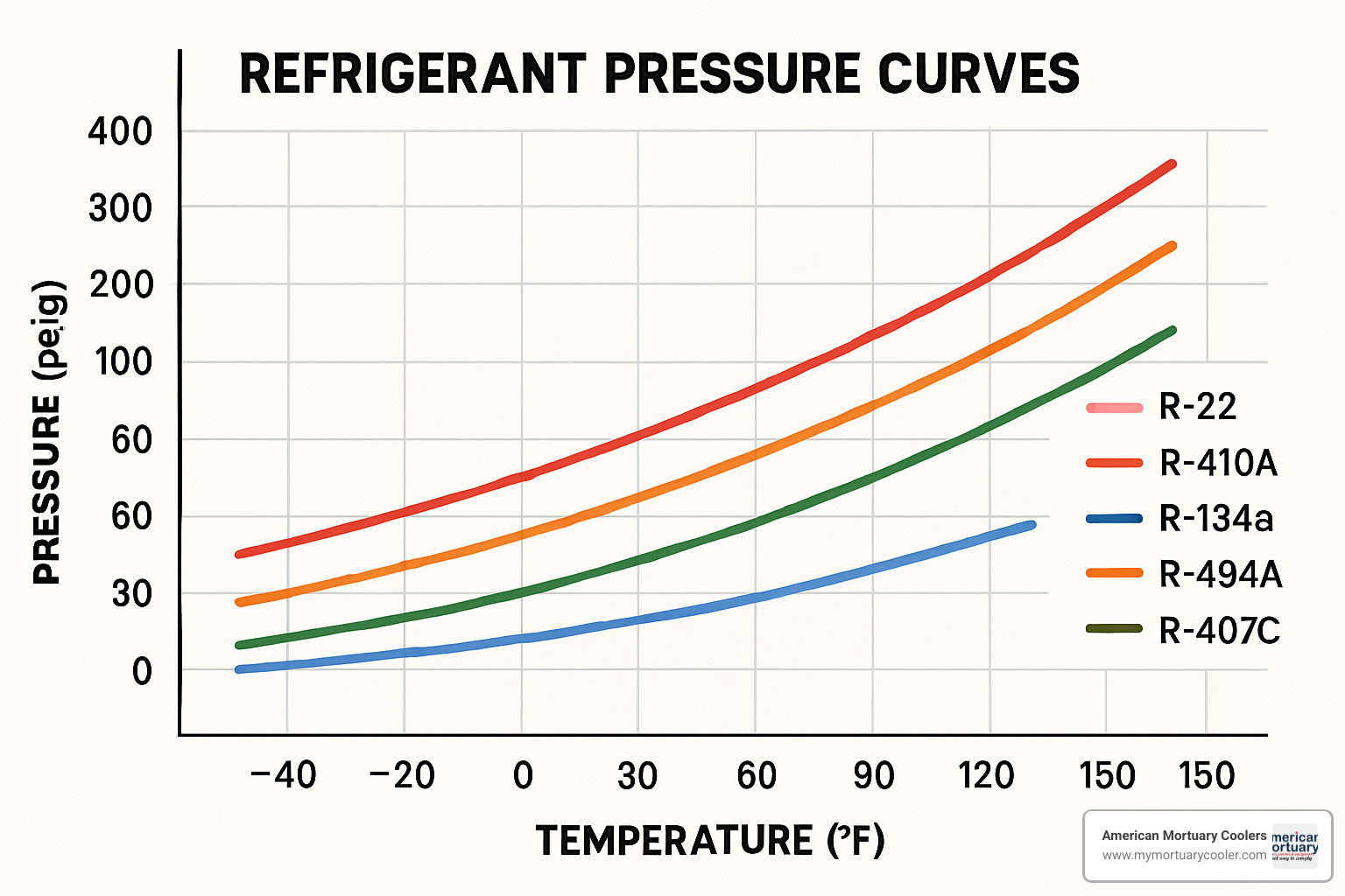 Multi-refrigerant pressure chart showing R-22, R-410A, R-134a, R-404A, and R-407C pressure curves across temperature ranges from -40°F to 150°F - freon pressure chart