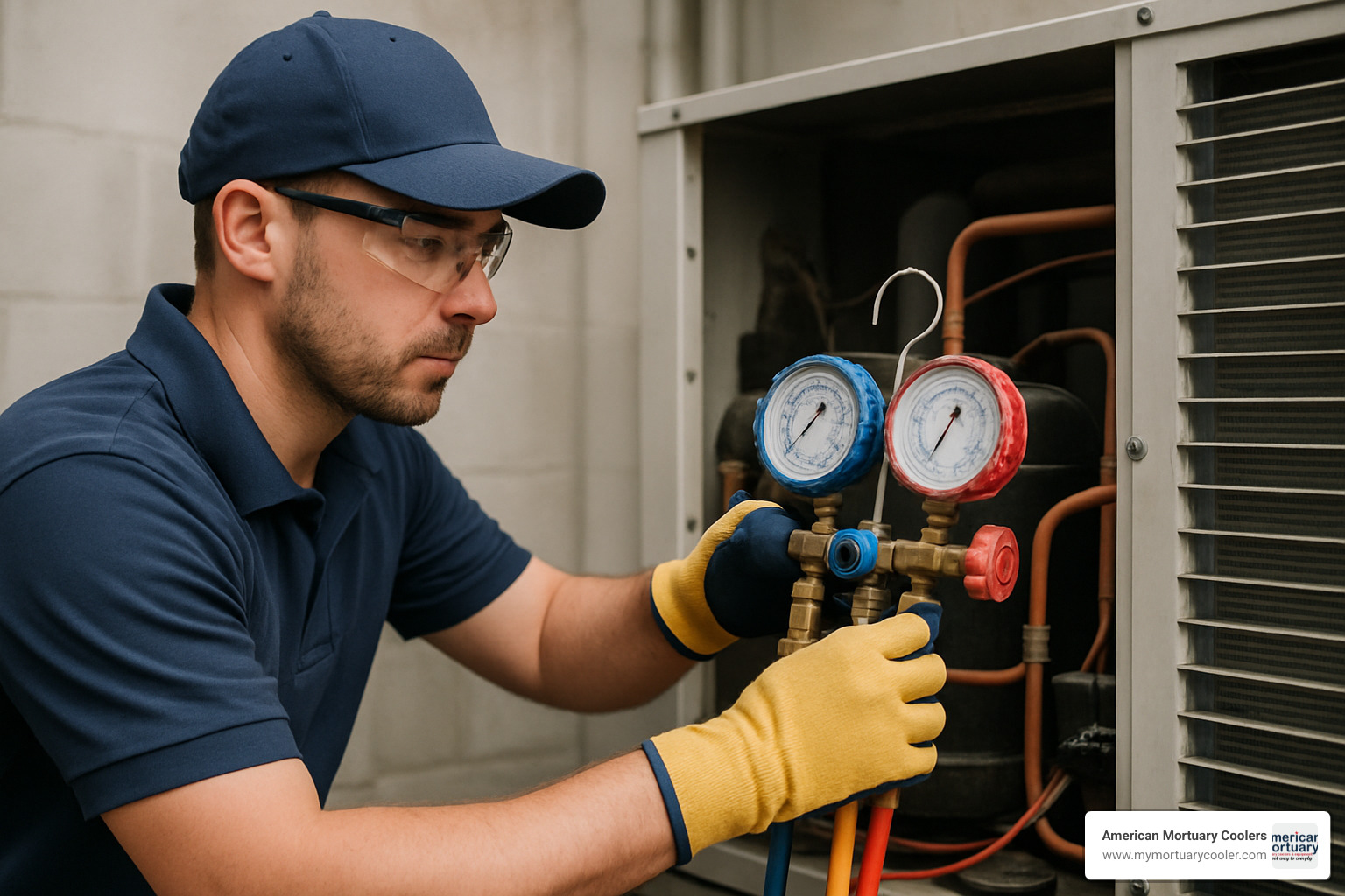 Technician wearing safety equipment including gloves and safety glasses while working with refrigeration system - freon pressure chart