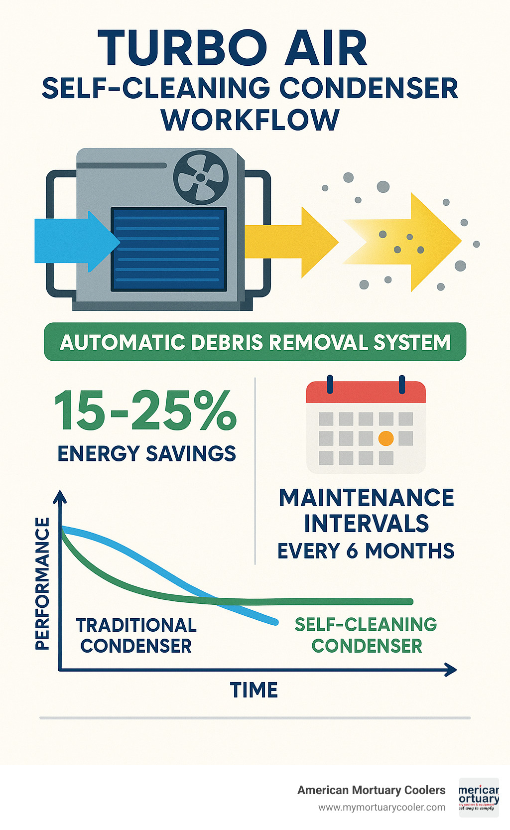 Detailed infographic showing Turbo Air self-cleaning condenser workflow with automatic debris removal system, energy savings percentages, maintenance intervals, and comparison between traditional vs self-cleaning condenser performance over time - turbo air parts infographic 