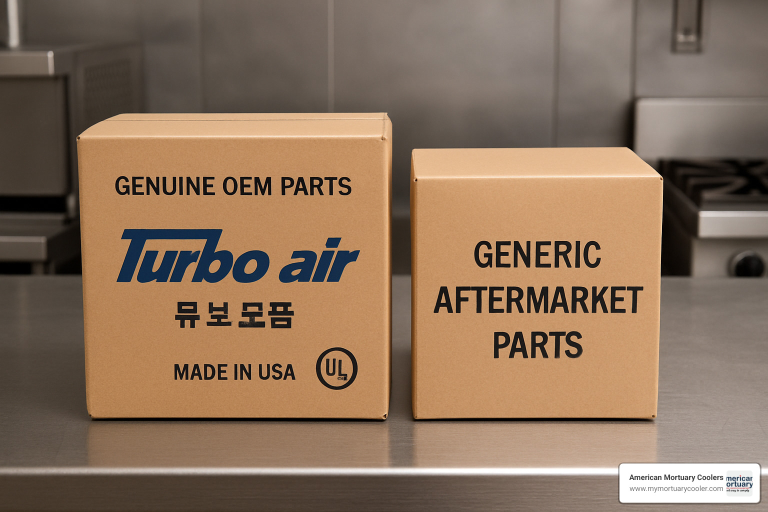 comparison image showing genuine OEM turbo air parts box next to generic aftermarket alternatives - turbo air parts