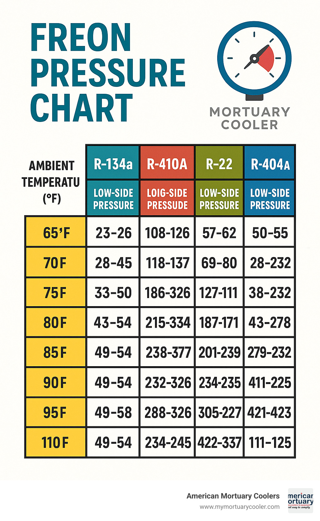 Detailed infographic showing pressure-temperature relationship for common refrigerants R-134a, R-410A, R-22, and R-404A with corresponding pressure readings at various ambient temperatures from 65°F to 110°F, including both low-side and high-side pressure ranges - freon pressure chart infographic 