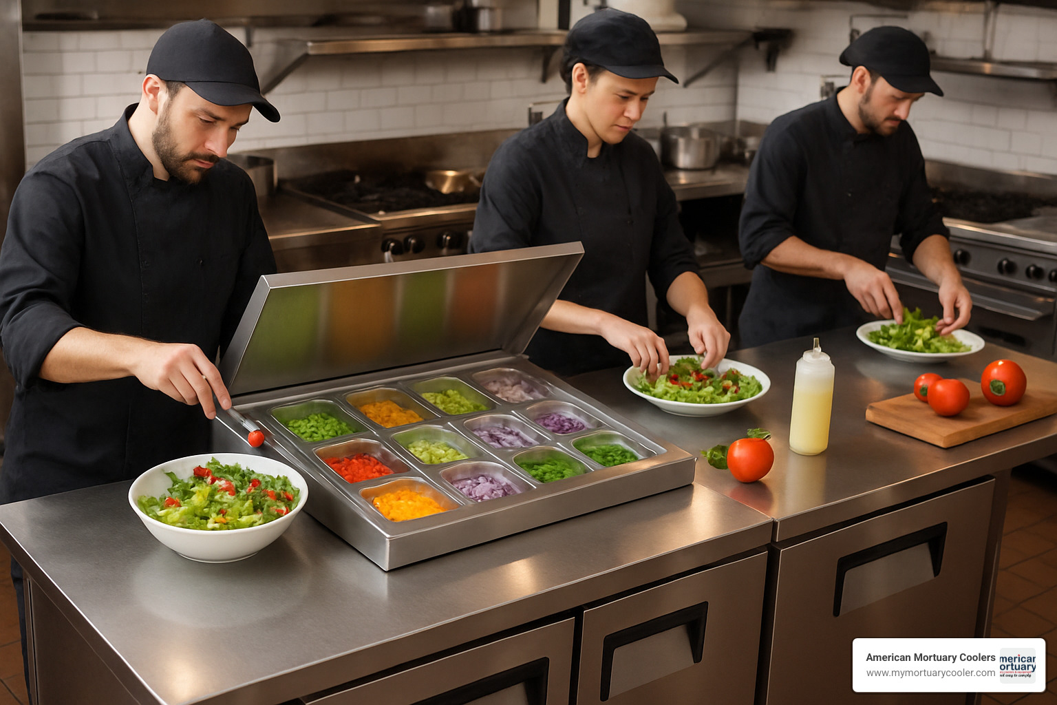 Commercial salad prep table with refrigerated storage compartments in active kitchen use - turbo air refrigerator