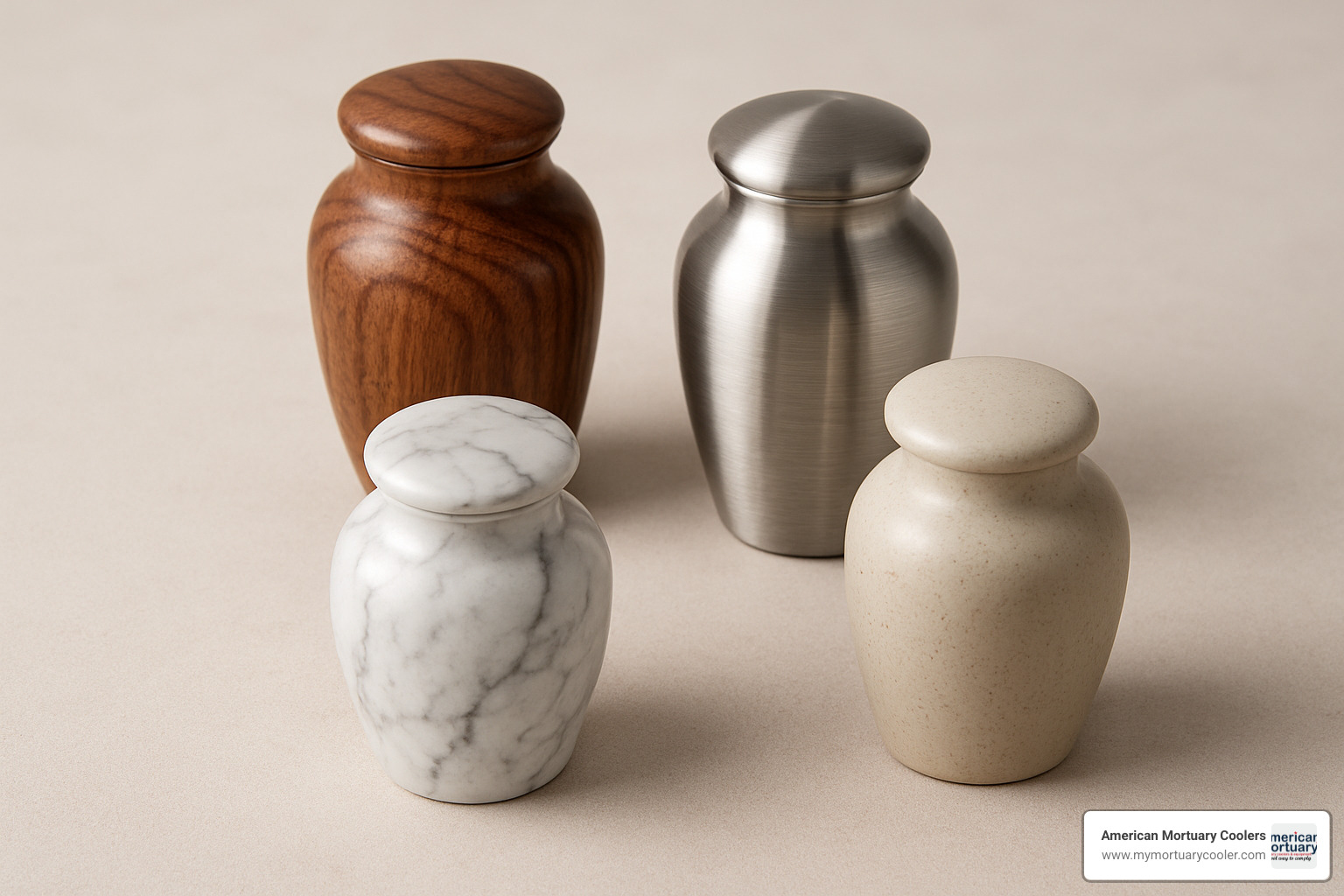 Assorted small cremation urn materials including polished wood, brushed metal, natural marble, and ceramic samples displayed on a neutral background - small cremation urns