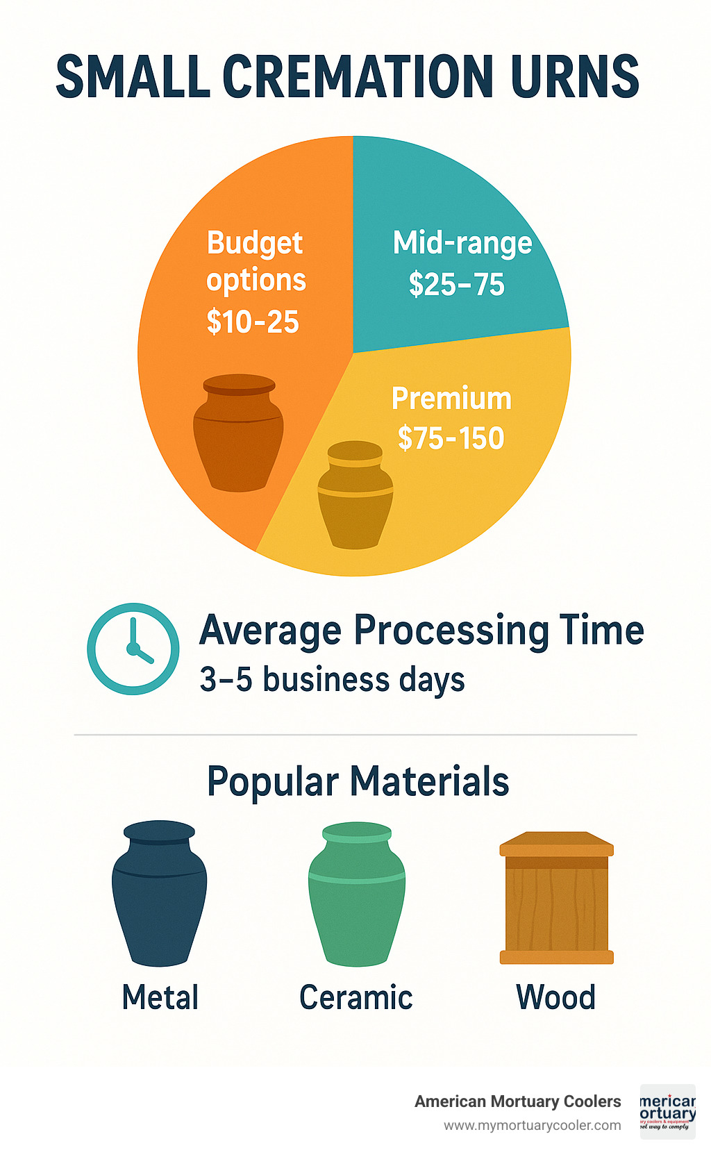 Statistical infographic showing small cremation urn pricing distribution: Budget options $10-25 (35%), Mid-range $25-75 (45%), Premium $75-150 (20%), with average processing times and popular material preferences - small cremation urns infographic 