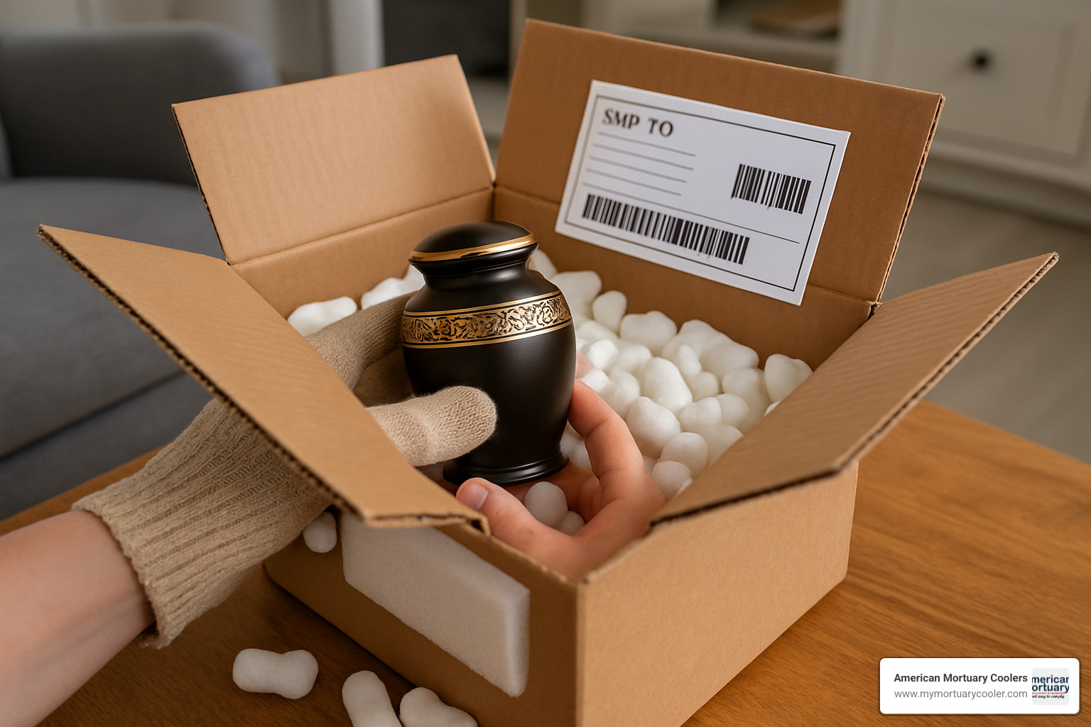 Boxed small cremation urn being carefully packaged with protective materials and shipping label - small cremation urns