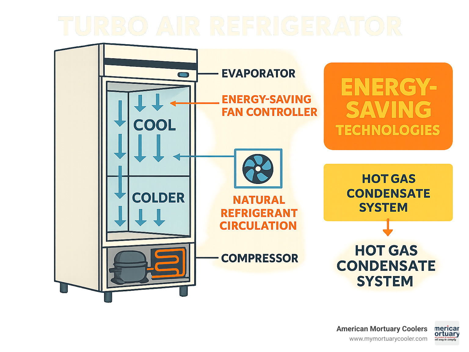 Detailed cutaway diagram showing airflow patterns, temperature zones, and control systems in a Turbo Air reach-in refrigerator with emphasis on energy-saving technologies and natural refrigerant circulation - turbo air refrigerator infographic 