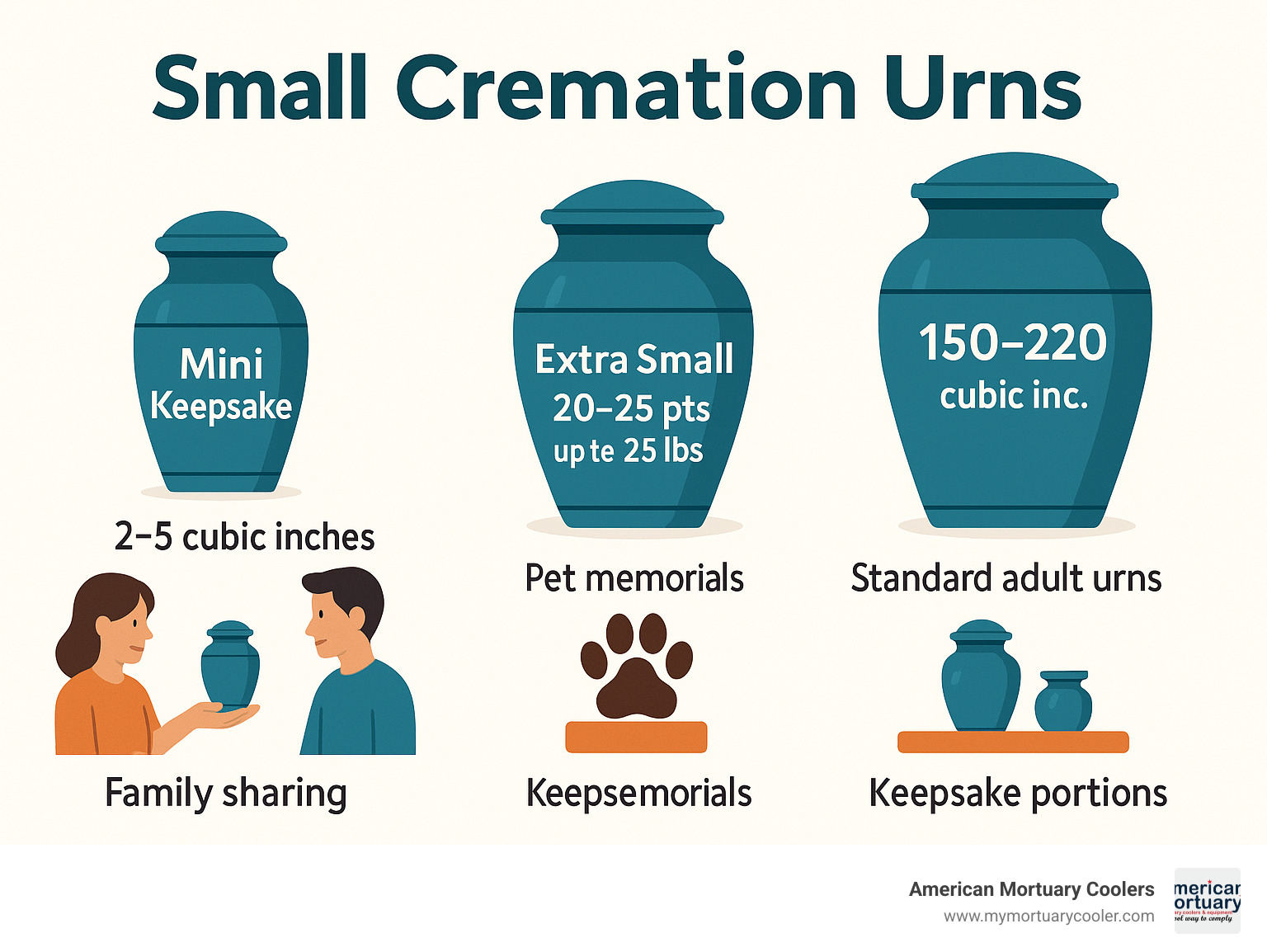 Infographic showing small cremation urn capacity ranges: Mini Keepsake (2-5 cubic inches, 2.5-3.5 inches tall), Extra Small (20-25 cubic inches, up to 25 lbs pre-cremation weight), and comparison to standard adult urns (150-220 cubic inches), with visual representations of typical uses including family sharing, pet memorials, and keepsake portions - small cremation urns infographic 