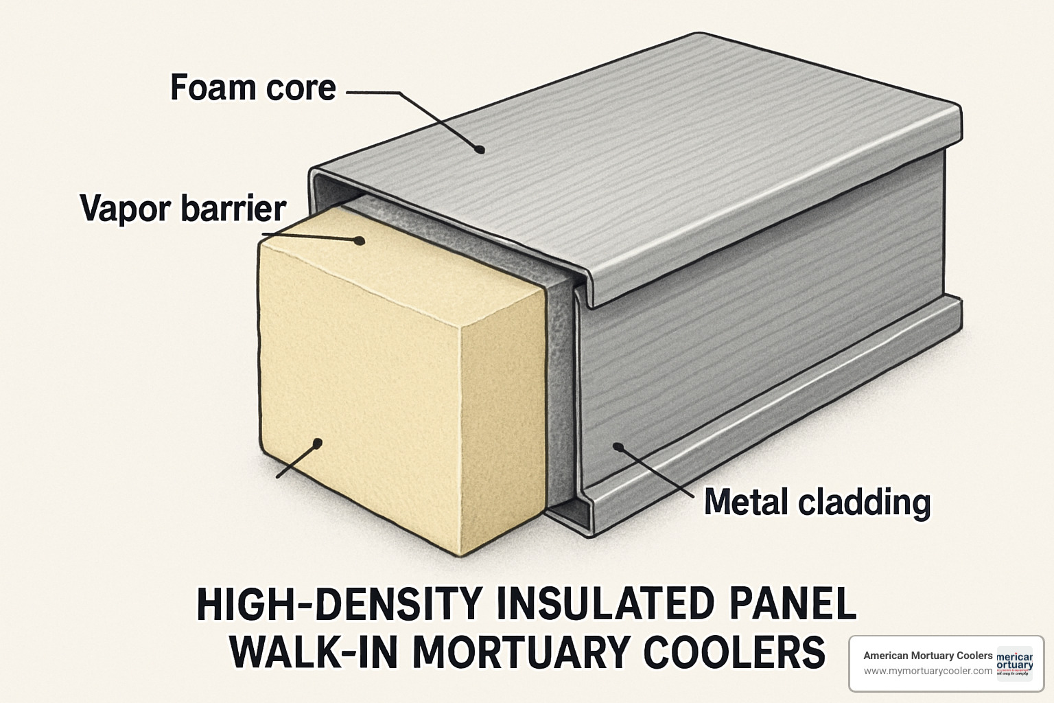 High-density insulated panel cutaway showing foam core, metal cladding, and vapor barrier construction - walk in mortuary cooler