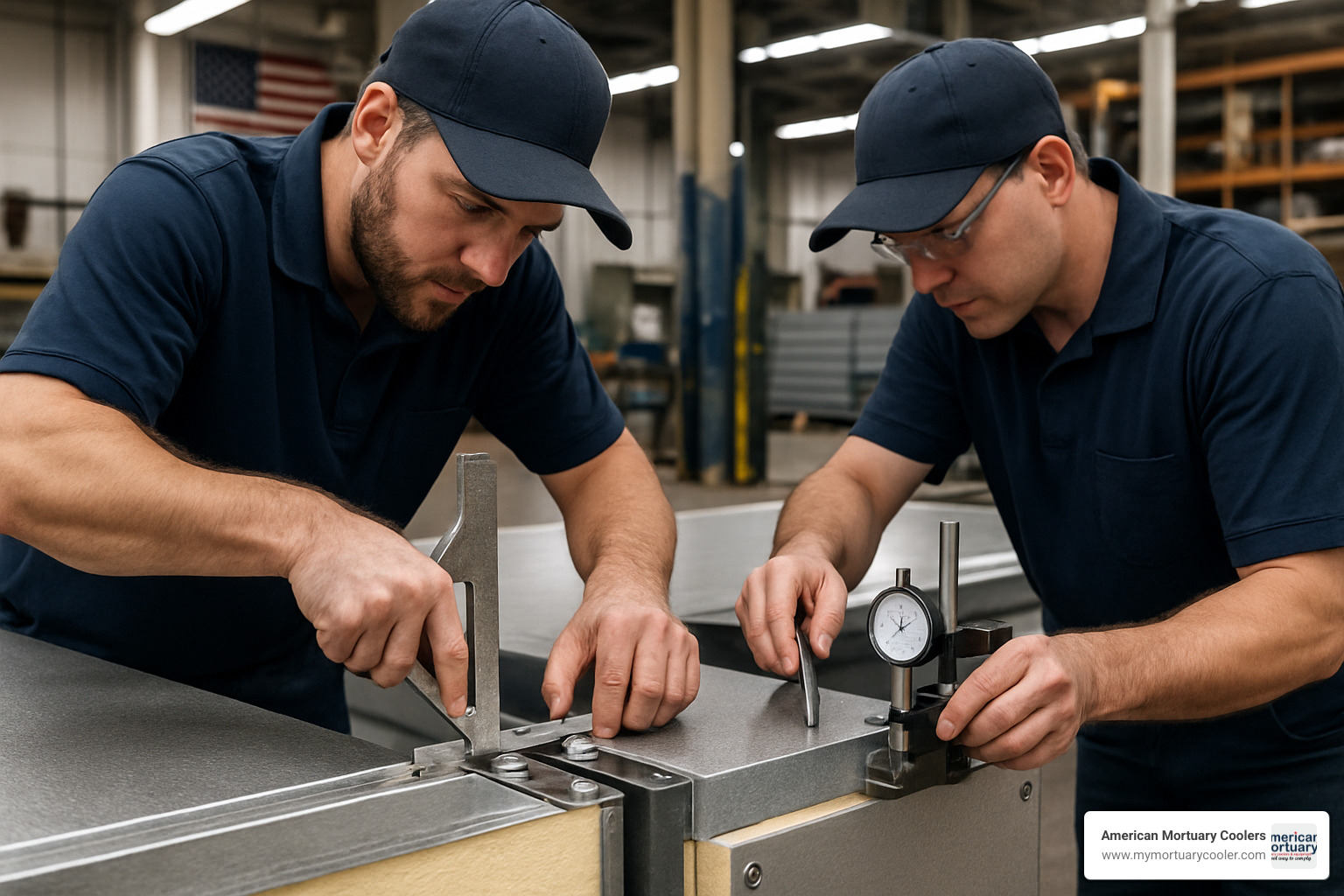 Technicians assembling modular cooler panels with precision alignment tools - walk in mortuary cooler