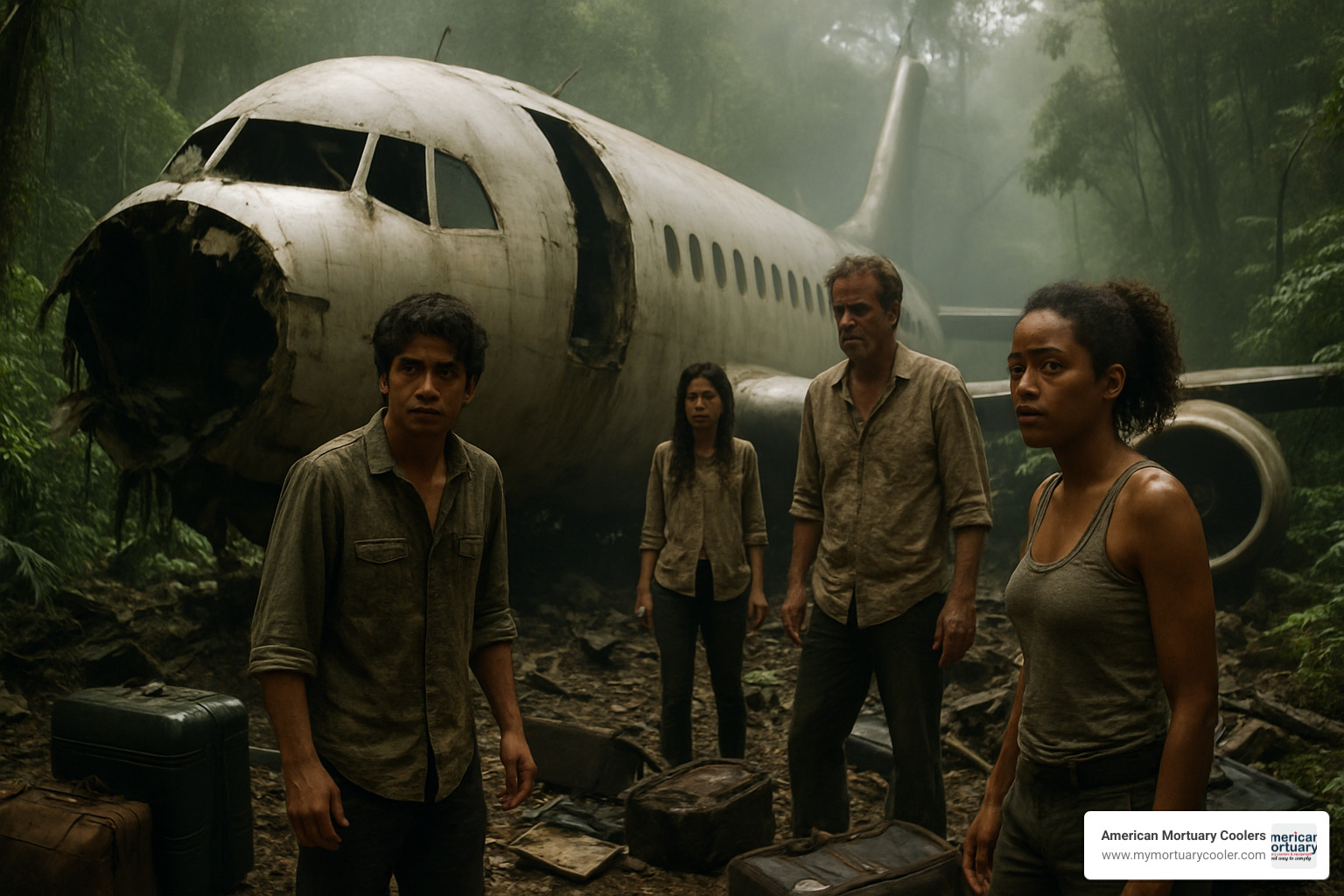 Episode still showing survivors around crashed plane wreckage - 9 bodies in a mexican morgue