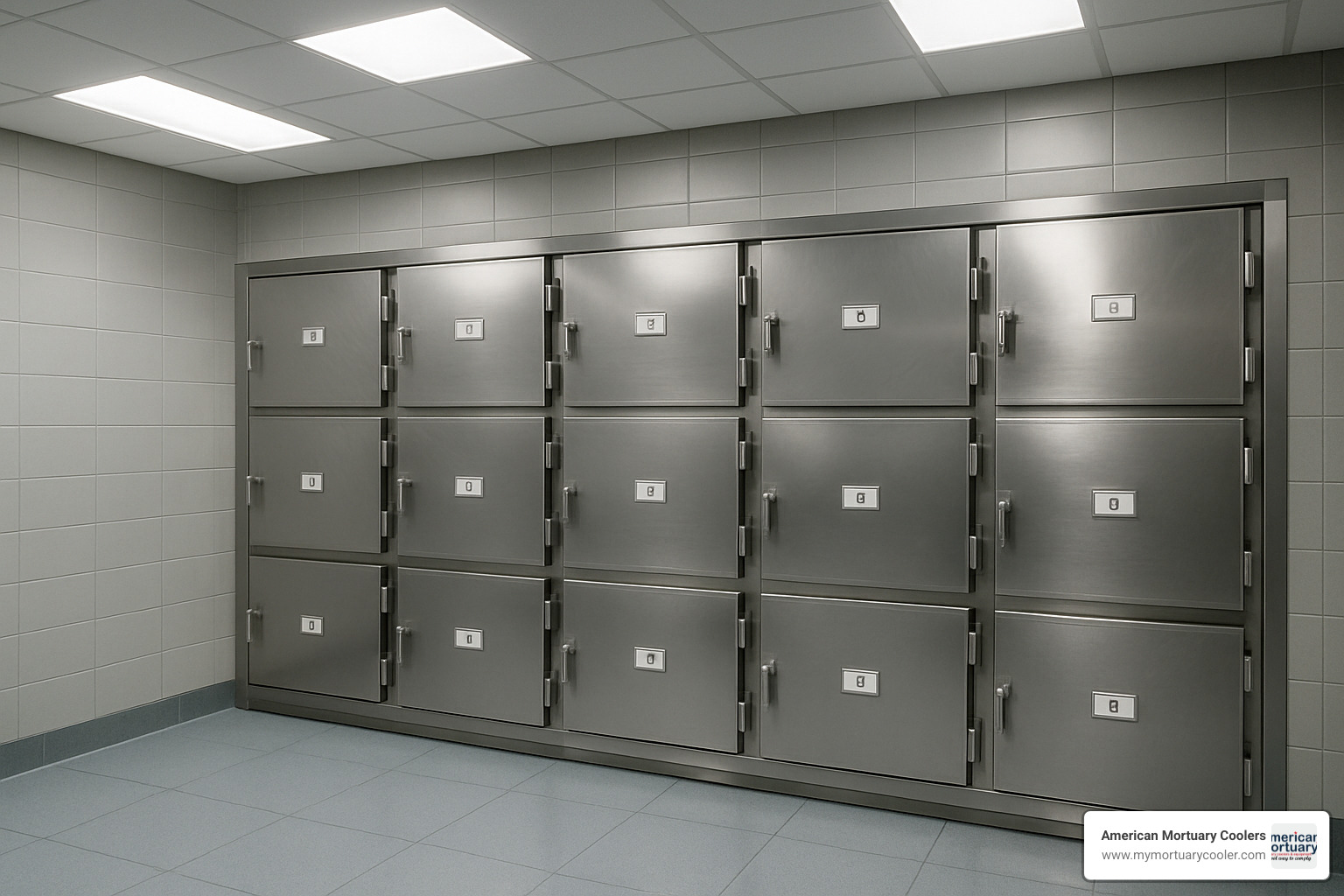 Modern morgue cooler facility with multiple body storage compartments - 9 bodies in a mexican morgue