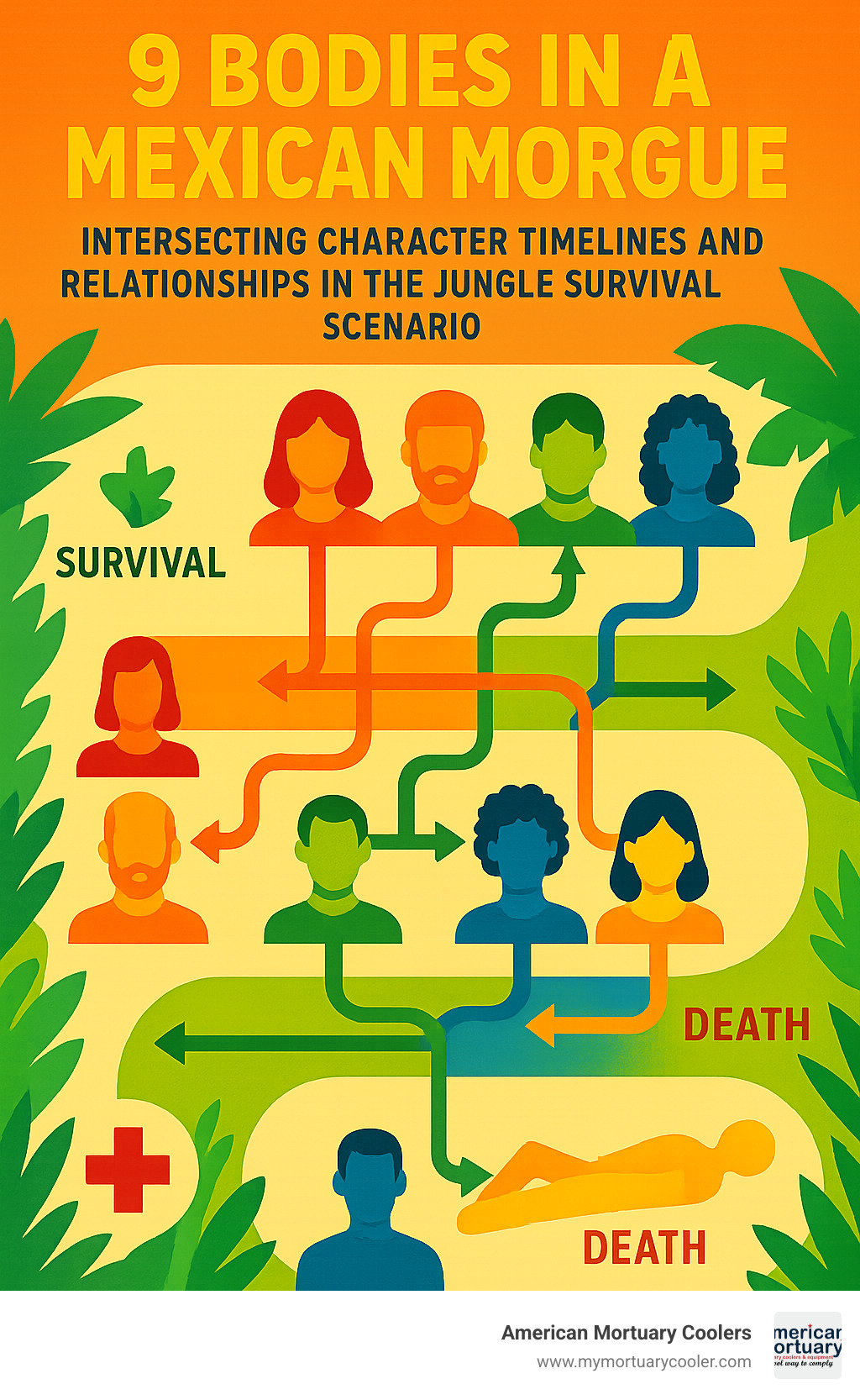 Infographic showing intersecting character timelines and relationships in the jungle survival scenario - 9 bodies in a mexican morgue infographic 