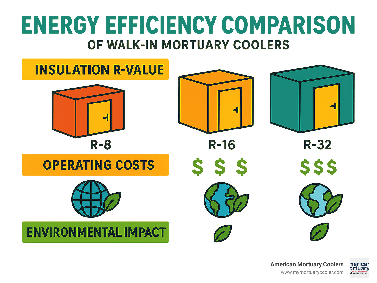 Energy efficiency comparison showing insulation R-values, operating costs, and environmental impact of different mortuary cooler configurations - walk in mortuary cooler infographic 